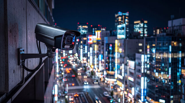Security camera monitoring city street at night. Surveillance system for urban safety and crime prevention. Advanced digital technology for public protection and law enforcement monitoring.