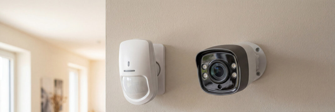 Security camera and motion sensor mounted on a wall indoors. Professional home alarm system equipment for private property protection. Smart surveillance technology for residence safety.