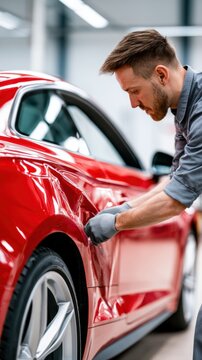 Professional auto mechanic carefully repairing and polishing the dented side panel of a vibrant red luxury sports car in a well-lit modern workshop environment
