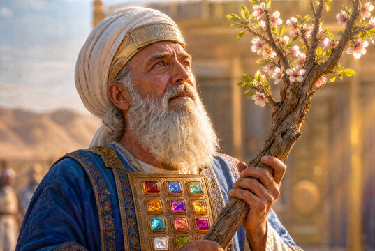 High Priest Aaron holding his miraculously blooming almond staff. The miracle from the Book of Numbers. He wears the traditional Hoshen breastplate with 12 gemstones representing the tribes 