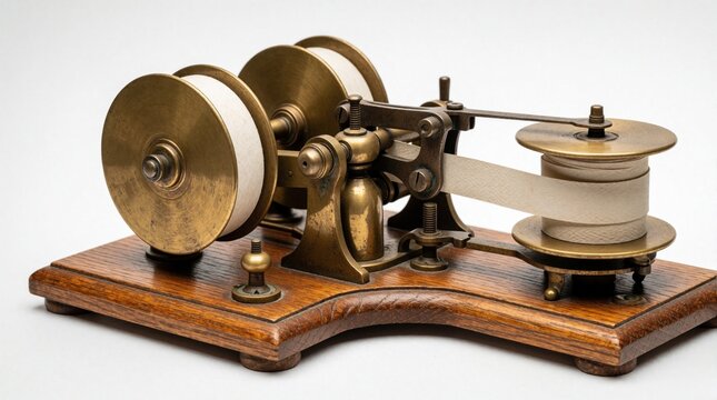 Antique brass telegraph on wood base with paper tape. Vintage communication device for sending messages, transmitting signals. Historical tech transmits data over wires.