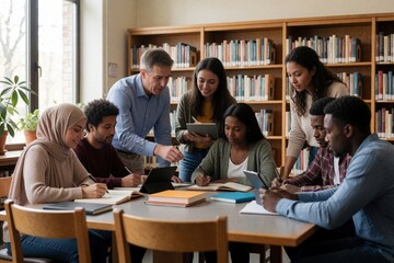 Mature male teacher helps diverse adult students with class assignment in library. Group of multicultural people study English together. Pupils write in notebooks, use tablets for learning. Helpful