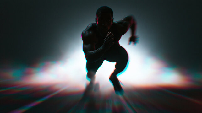 Muscular Male Athlete Sprinting Forward with Dynamic Light Effects