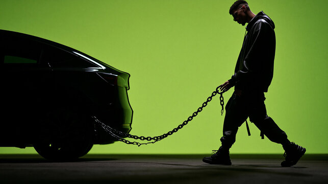 Man Pulling Heavy Car with Metal Chain on Green Background