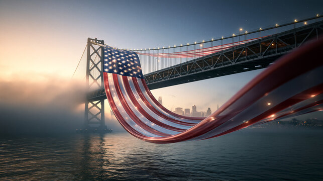 American Flag Ribbon Sweeping Across Bridge in Sunrise Fog