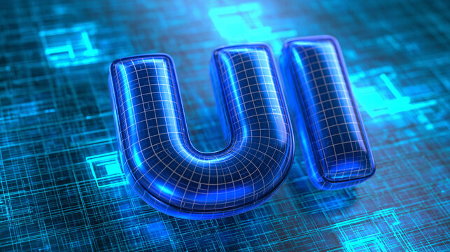 3D UI Text Symbol on Blue Digital Tech Background