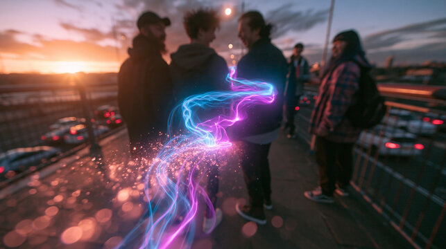 Group of Friends Connected by Glowing Energy Light Trail