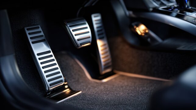 Metallic pedals for brake, clutch, and accelerator in a modern vehicle with interior lighting highlighting the driver?s footwell area and car controls