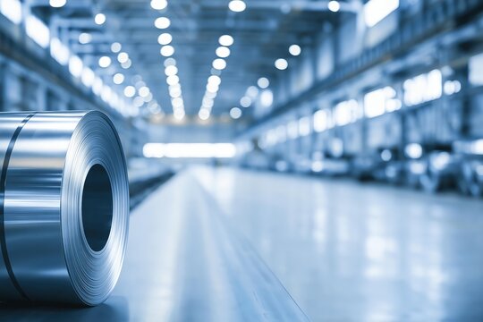 Close-up of a shiny metal coil in a large, blue-tinted industrial warehouse