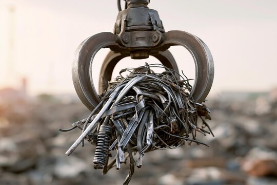 Scrap metal claw grasping a pile of tangled wires and metal pieces