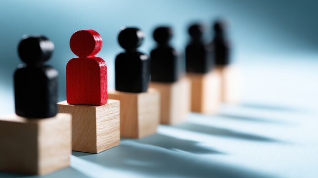 Wooden figures on blocks arranged in a row with a red figure standing out among black ones symbolizing leadership and individuality in a concept of teamwork and succ
