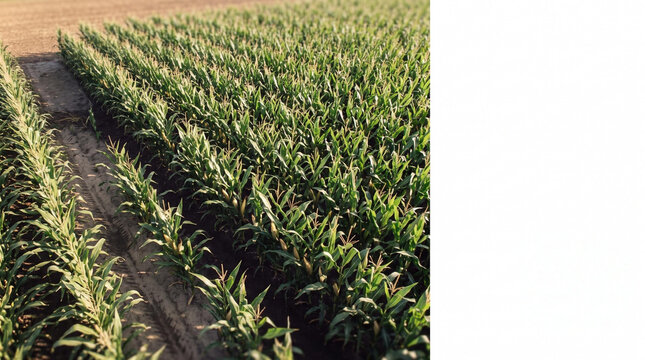 Green cornfield rows growing under sunlight in rural landscape  