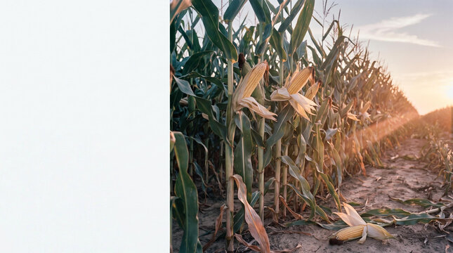 Cornfield at sunset with ripe ears and golden light shining  