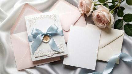 Obraz premium Elegant wedding invitation cards with pastel stationery, silk ribbon. Floral arrangement features delicate roses on soft fabric background. Meticulous design includes wax seal, luxury paper