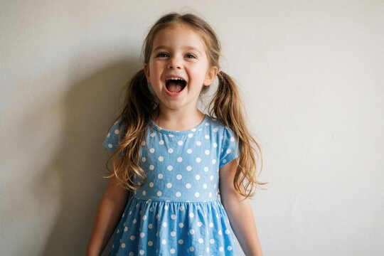 Little girl with pigtails wearing blue dress with white polka dots shouts loudly with happy expression. Child standing against plain white wall background. Small preschool kid opens mouth wide during