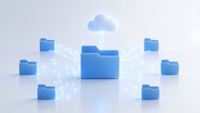 3D visualization of file synchronization linking multiple digital folders to a central master folder and uploading to secure cloud storage