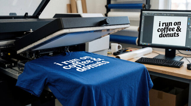 Custom t-shirt printing machine applies white text design onto blue apparel. Graphic design shows on computer monitor in workshop studio. Small business production process.