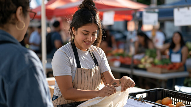 A grocery bagger is seen over the shoulder of a customer in a vibrant colorful outdoor market, urban gleaning food rescue crates being sorted nearby, the bagger carefully