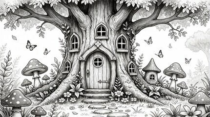 Fototapeta premium Black and white illustration of a whimsical forest treehouse with doors and windows. Butterflies fly around mushrooms and flowers. Intricate nature scene suitable for children.