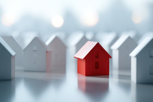 A red miniature house standing out prominently among a row of white house models symbolizing uniqueness and real estate differentiation concept