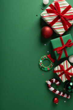 Festive Christmas vertical gifts and ornaments with ribbons, baubles and candy cane for Merry Christmas and Happy New Year