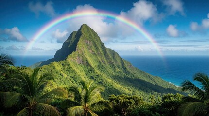 Obraz premium Green mountain peak stands by blue ocean under bright rainbow. Rich tropical island vegetation with palm trees covers hillside landscape. Scenic nature view features sunny sky clouds, dramatic