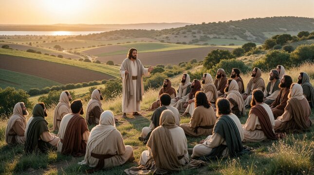 Jesus preaches to disciples gathered on a grassy hillside at sunset overlooking a valley and lake. His followers listen intently to his words. The scene evokes ancient times and spiritual guidance.