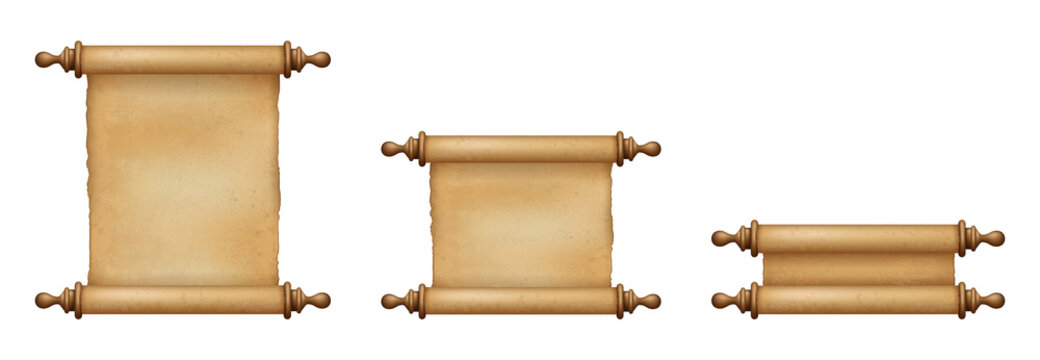 Set of ancient parchment scroll stages from fully unrolled to tightly rolled. Historical paper manuscript elements on transparent background. Realistic illustration. High quality and resolution