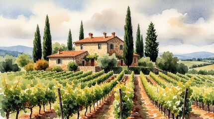 Naklejka premium Vineyard estate with stone house, cypress trees. Rows of green grapevines stretch across rolling hills under cloudy sky. Rural landscape painting evokes peaceful countryside.