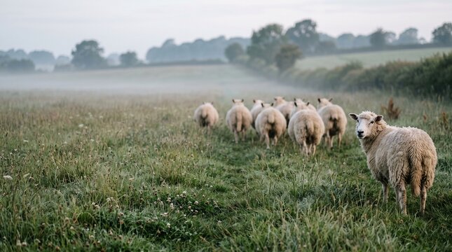 One sheep looks back as the flock crosses a misty meadow