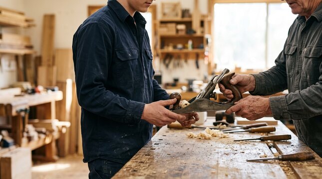 Experienced hands pass a hand plane to a woodworking trainee