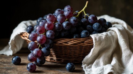Naklejka premium Fresh dark grapes inside rustic wicker basket on wooden table. Juicy ripe berries spill out onto white linen cloth in kitchen. Natural harvest produce sits in bowl. Healthy organic food for winery