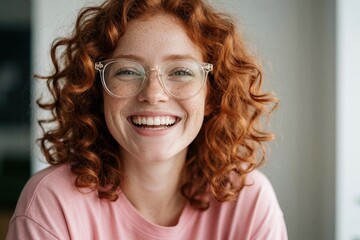 Obraz premium Young woman with ginger curly hair, freckles wears glasses. Happy lady smiles at camera during closeup portrait shot. Cheerful girl with natural skin, transparent eyewear expresses joy, positive