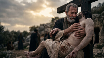 Obraz premium Joseph of Arimathea holding the body of Jesus after the crucifixion. Biblical scene depicting the burial of Christ. Dramatic religious imagery of grief, sacrifice and faith.