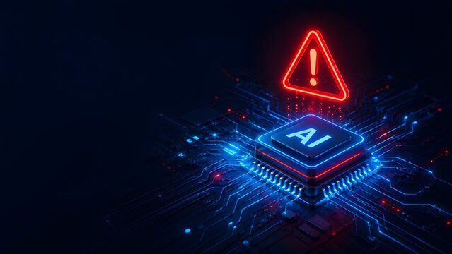 Glowing red hexagonal warning alert hovering above an artificial intelligence microchip on a futuristic digital circuit board