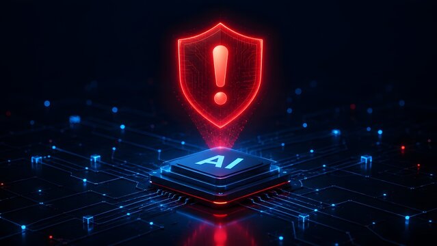 Glowing red shield warning alert hovering above an artificial intelligence microchip on a digital circuit board representing cybersecurity vulnerability