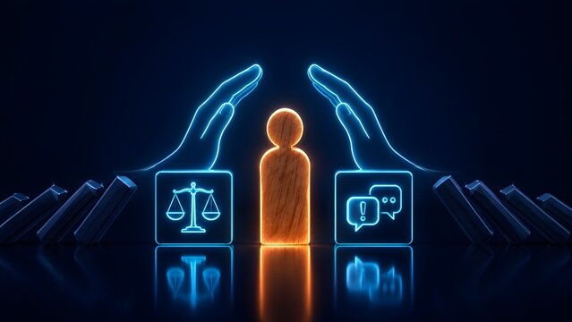 Glowing blue neon hands protecting a wooden human figure from falling dominoes with scales of justice and communication icons symbolizing legal protection and risk management
