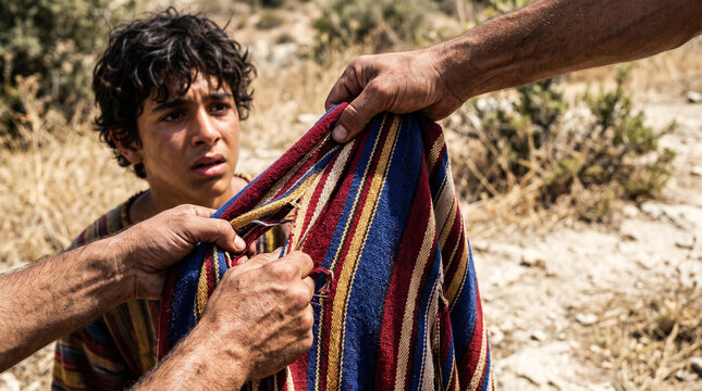 Man tearing Joseph colorful coat as biblical representation of brother betrayal and strife. Historical reenactment of ancient story from scripture depicting emotional conflict and drama.