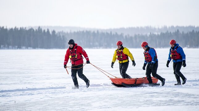 Winter rescue team moves sled across a frozen training lane