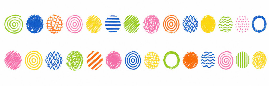 Colorful crayon and brush stroke circles with textured paint effects, featuring hand-drawn dots, sketchy lines, and artistic doodle elements. Vector illustration.
