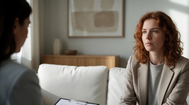 Young woman with reddish hair sits on couch at therapy session. Patient talks to psychologist about mental health problems in office. Pro counselor listens to client during private psychiatric