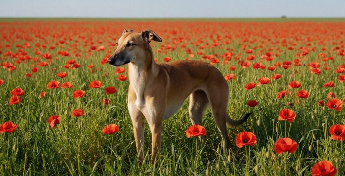 Kazakh Tazy dog stands in blooming red poppy field on sunny spring day. Elegant hunting hound looks away in green meadow with vibrant flowers. Slim brown canine pet walks across wild nature landscape