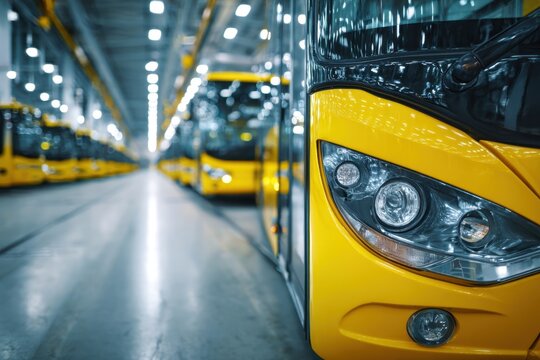 Rows of modern yellow buses lined up inside a spacious, well-lit maintenance depot with a focus on the headlight of the nearest vehicle in the foreground