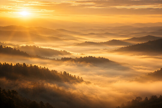 Golden Morning Fog Over Mountain Valley at Sunrise with Volumetric Light