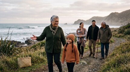 Fototapeta premium Maori family continues te reo Maori on a coastal walk