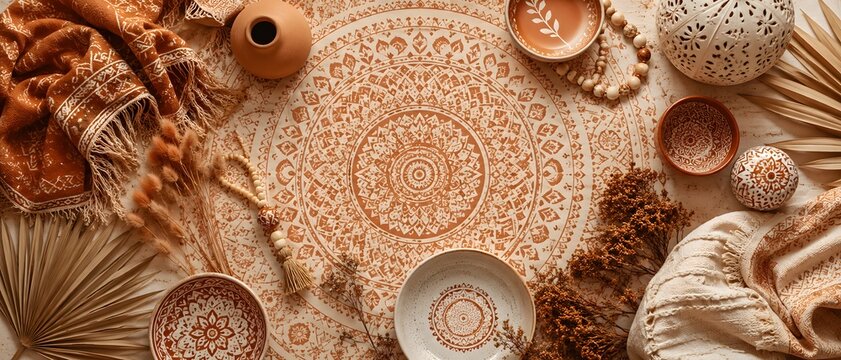 Pattern, decoration, design aesthetic flat lay composition on a soft neutral background