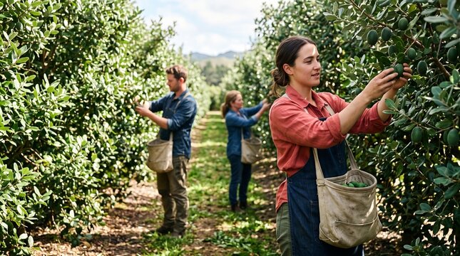 Growers harvest ripe feijoas in a sunlit orchard row