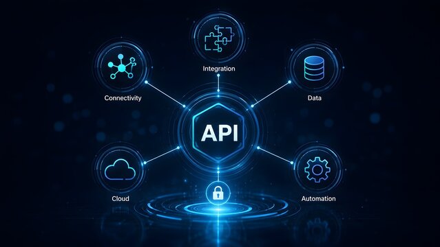 Futuristic glowing API interface concept with connectivity integration data cloud automation and security padlock icons on a digital background.
