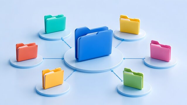 Centralized large blue 3D file folder connected to smaller colorful document folders representing document management systems and organized data sharing