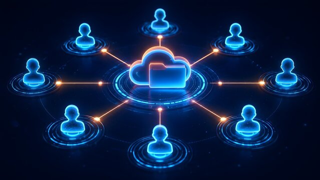Glowing blue neon cloud storage and file folder connected to digital user network representing secure internet data sharing and database access